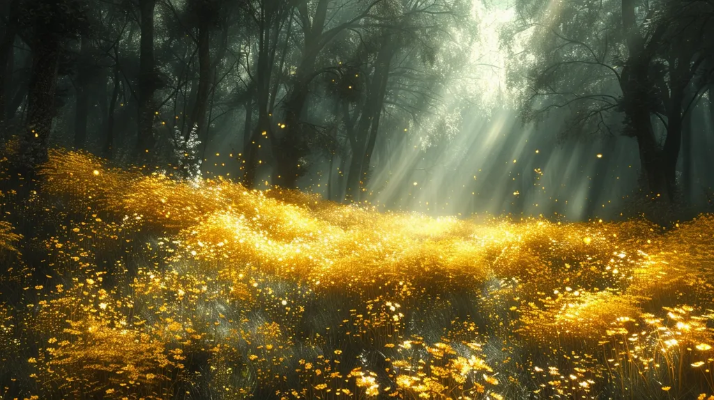 A field of golden wildflowers glows in the dappled sunlight filtering through a dense forest. The scene is ethereal, with a mystical quality enhanced by the soft glow of the flowers and the misty air. The trees stand tall and dark, creating a sense of mystery and wonder.