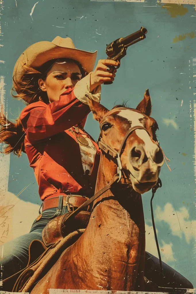 A woman in a cowboy hat and red shirt is riding a horse while holding a pistol in her right hand, pointing it towards the viewer. Her expression is intense and determined. The image is stylized with a vintage filter, creating a faded and textured effect. The background is a blue sky with clouds.  The overall image evokes a sense of the Wild West.  The woman appears to be a strong and fearless character.