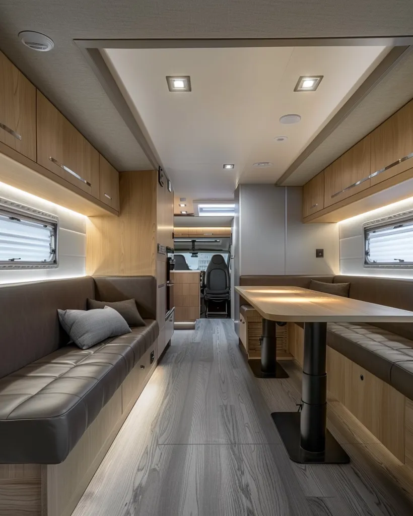 The interior of a modern camper van is shown. The van has a sleek, minimalist design with wood paneling, leather seating, and a large, rectangular table in the center. There is a window on the left, showing a view of the outside. The lighting is soft and warm. The overall feel is one of comfort and sophistication.