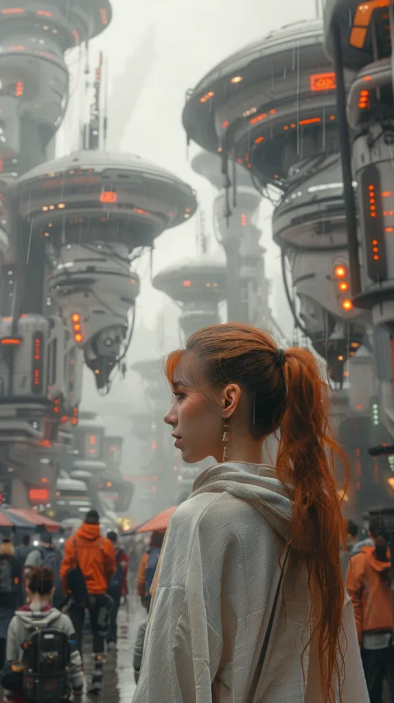 A woman with long red hair stands in a futuristic cityscape, gazing out towards a series of large, metallic structures with glowing lights. The city is misty and wet, with a sense of mystery and wonder. The woman’s back is turned to the viewer, her white jacket and long hair flowing in the breeze. The image evokes a sense of exploration and anticipation.