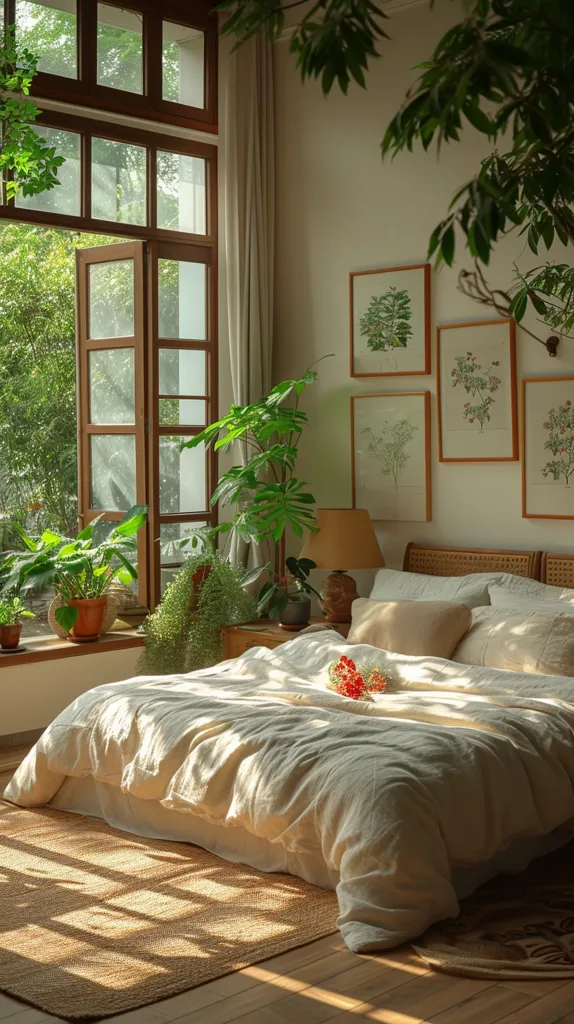 A large bed with white linens sits in a sunlit room, positioned near a window with lush greenery outside. The room is decorated with framed botanical illustrations and a potted plant. Sunlight streams through the window, illuminating the bed and casting shadows on the floor. A wooden table with a lamp and a vase of red flowers adds to the cozy ambiance. The overall impression is one of tranquility and natural beauty.
