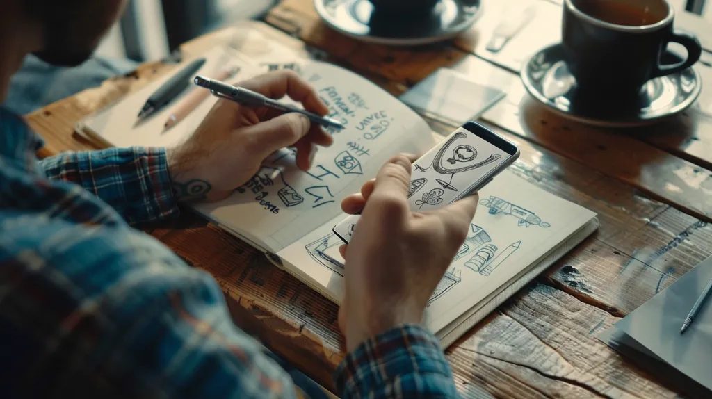 A person sits at a wooden table, sketching in a notebook.  They are holding a phone in their left hand, which shows a drawing of a shield with a star in the center.  The notebook is filled with various doodles and sketches.  A cup of coffee sits on the table to the right of the person. The person is wearing a blue plaid shirt.  The scene is lit with warm, natural light.  The image is close-up and focuses on the hands of the person drawing.  The image evokes a sense of creativity and focus.