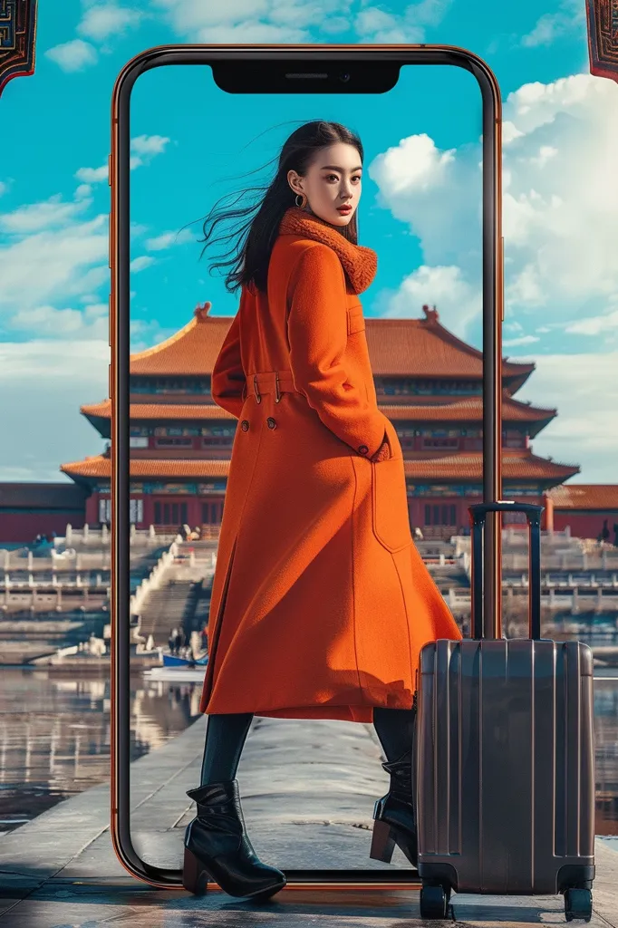 A woman in an orange coat and black boots walks towards the right of the image, holding a black suitcase. She's framed by a large phone, with a traditional Chinese building in the background. The sky is a bright blue, with puffy white clouds. The image is a fashion-forward composition that blends modern technology with traditional architecture.