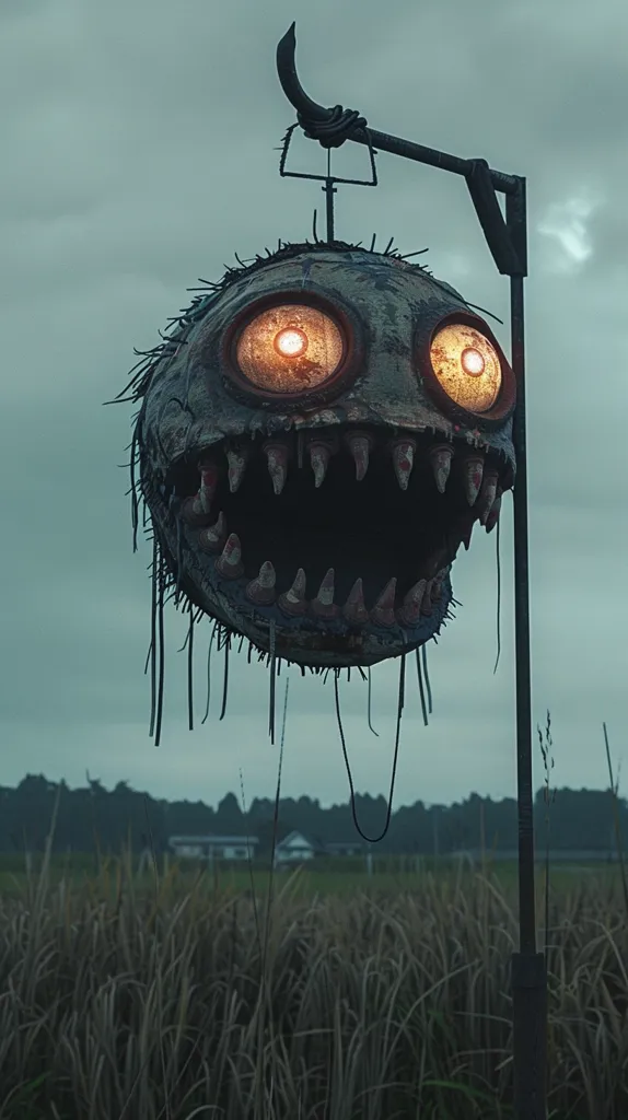 A menacing scarecrow with a large, gaping maw and glowing eyes hangs from a metal pole in a field. Its distorted face and sharp teeth suggest a sinister purpose, while the overcast sky and tall grass create an eerie atmosphere. The scarecrow seems to loom over the field, a grotesque sentinel in a desolate landscape.