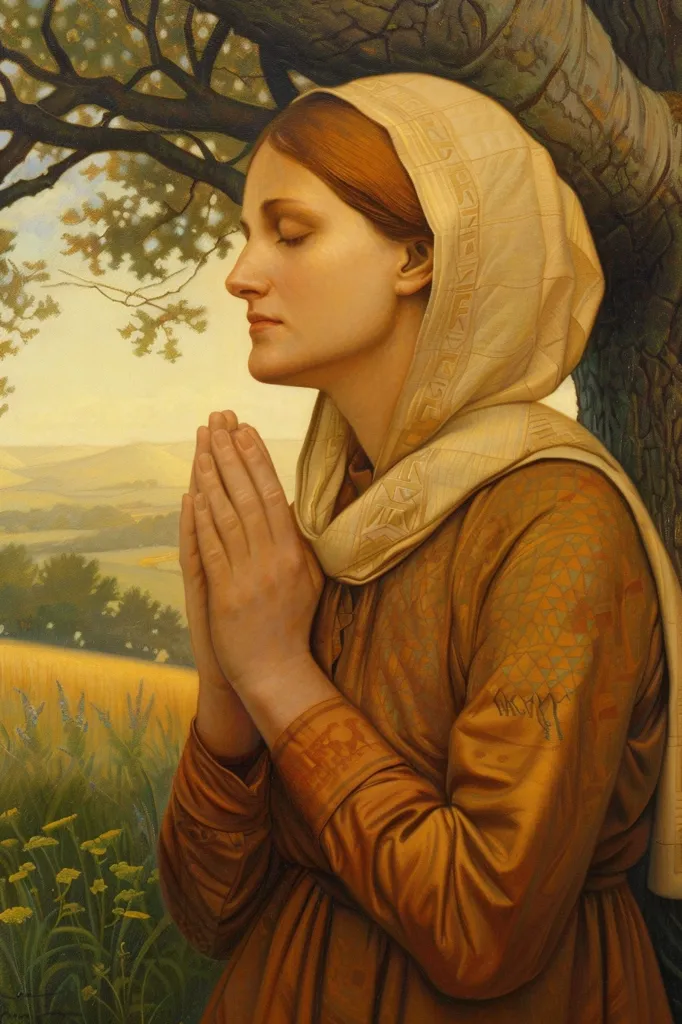 A woman in a white hooded robe and a long brown dress stands with her hands clasped in prayer. She looks downwards with her eyes closed, appearing serene and devout. She is standing in a field, with a large tree branching over her. The image has a soft, golden light, creating a warm and peaceful atmosphere.
