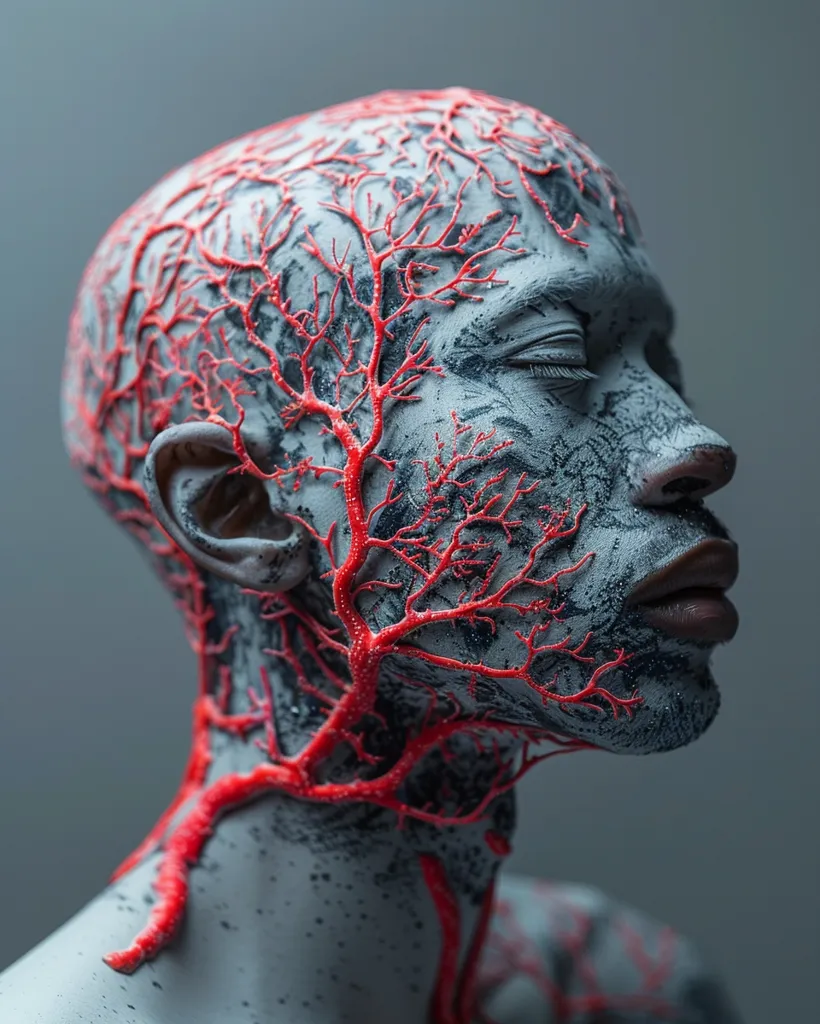 The image shows a close-up of a person's head and neck. Their skin is painted a light grey color, and a intricate network of bright red veins covers their face, head, and neck. The veins are reminiscent of tree branches. The person's eyes are closed and their lips are slightly parted. The background is a plain grey. The overall effect is surreal and slightly unsettling.