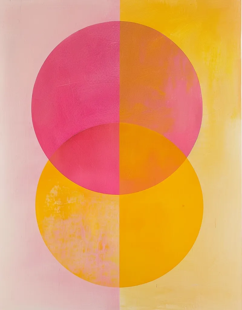 The image is a simple abstract painting consisting of two large overlapping circles. The top circle is mostly pink with a yellow section, while the bottom circle is mostly yellow with a pink section. The background is a soft pink and yellow gradient. The circles are slightly textured, giving the painting a sense of depth.