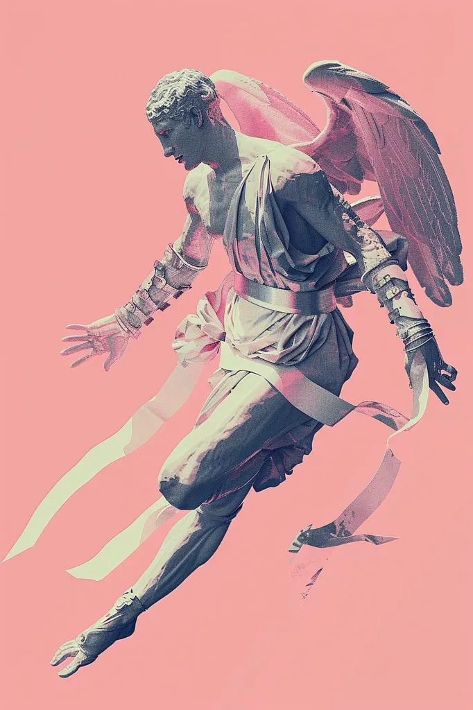 A stylized, winged, male figure with a stern expression appears to be in mid-flight. He is dressed in a long, flowing garment with a belt and straps around his arms. His wings are large and spread wide, and he is surrounded by flowing ribbons. The background is a solid, light pink. The overall style of the image is graphic and artistic, with a hint of surrealism. The image evokes a sense of power and movement.