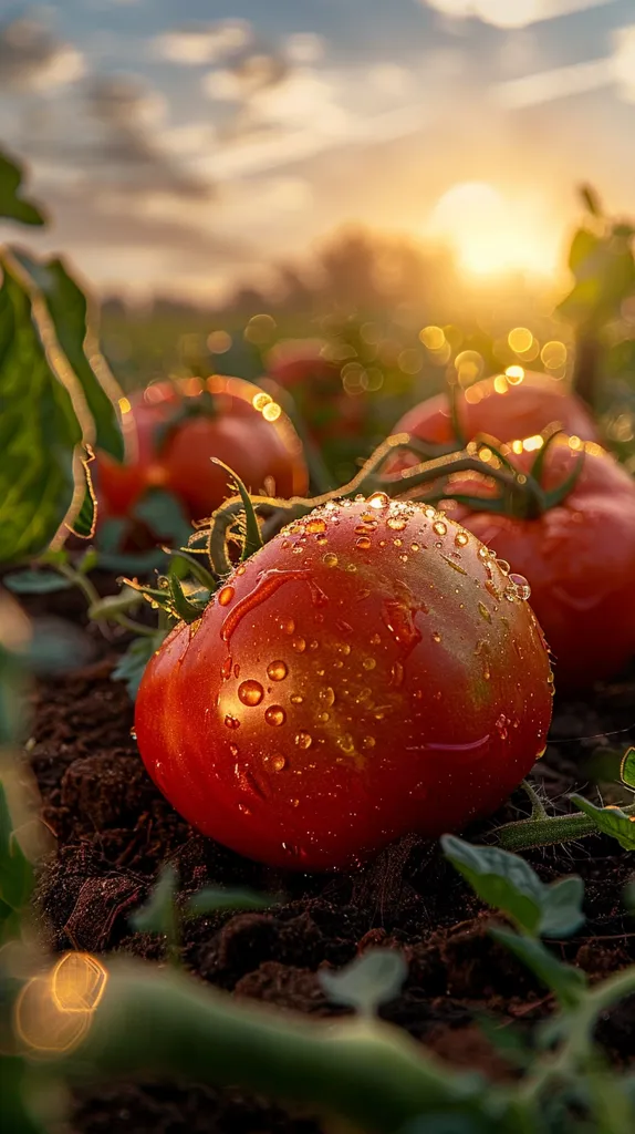 A close-up of a ripe tomato, covered in water droplets, sits amongst other tomatoes in a field. The sun shines brightly in the background, casting a warm glow on the scene. The tomato's vibrant red color contrasts with the dark soil and green foliage. The image captures the beauty of a simple yet essential element of nature.