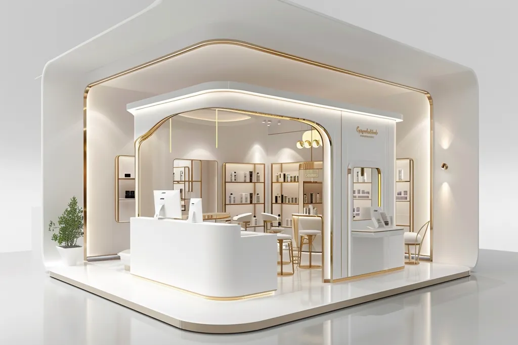 The image shows a modern and elegant beauty store. The store is designed in white and gold, with curved lines and a sleek, minimalist aesthetic. There is a reception desk with two computer screens, shelves with products, and two white stools. The store has a clean and inviting atmosphere, perfect for showcasing high-end beauty products. The lighting is soft and warm, creating a luxurious ambiance.