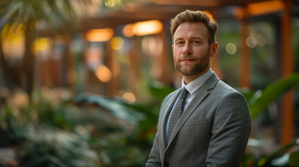A man in a grey suit and a patterned tie stands in front of a blurred background of greenery and wooden structures. He has short brown hair and a trimmed beard. He looks directly at the camera with a serious expression. The image is well-lit and has a professional feel.