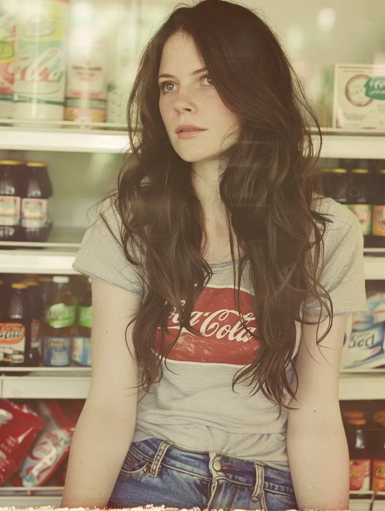 A young woman with long, dark brown hair stands in front of a grocery store shelf, her back to the camera. She wears a grey t-shirt with a red Coca-Cola logo and blue jeans. Her expression is thoughtful, and she looks off to the side. The image is shot in a vintage style, with warm, soft lighting. The shelves behind her are filled with various products, but they are out of focus.