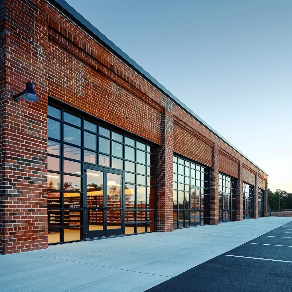 The image shows a large brick building with a series of large, black-framed windows that span the length of the facade. The windows are reflecting the blue sky and the surrounding landscape, giving the building a modern and sleek appearance. The building is situated on a large, empty parking lot, suggesting a retail or commercial space. The brickwork is clean and well-maintained, while the windows are spotless, highlighting the building's contemporary design.
