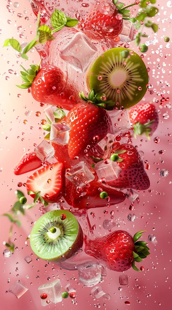 A vibrant, pink background is splashed with fresh fruit and ice cubes. Slices of kiwi and strawberries, some halved, are suspended in mid-air. Water droplets dance around them, creating a sense of movement and refreshment. The image evokes a feeling of summery indulgence.