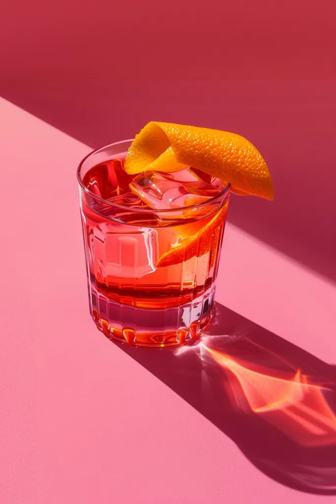 A glass of red cocktail with ice cubes and an orange peel garnish sits on a pink surface. The glass casts a shadow on the surface, reflecting the light and creating a colorful interplay of light and shadow. The vibrant colors and simple composition create a visually appealing and refreshing image.