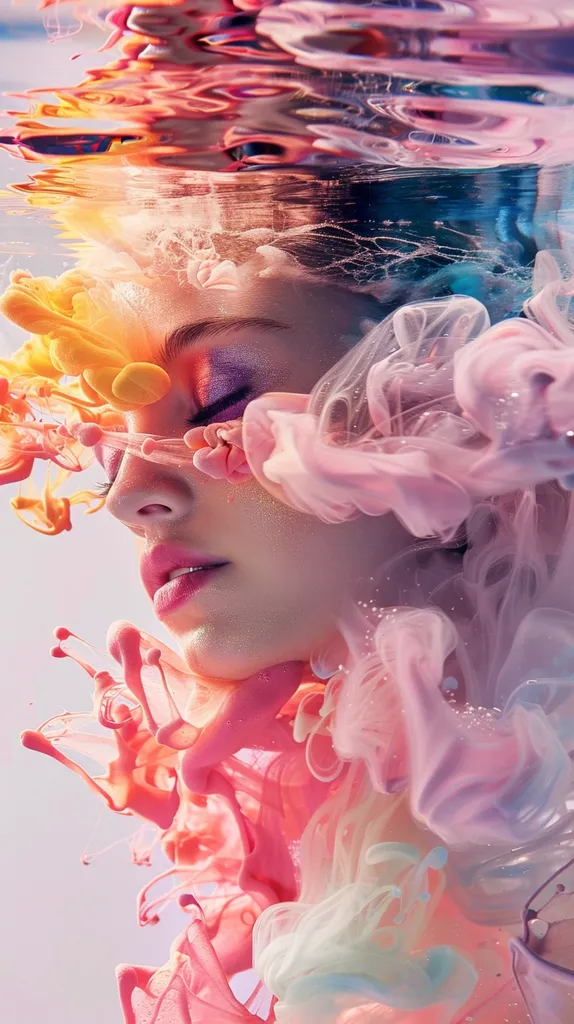 The image shows a woman's face partially submerged in water. The water is filled with colorful ink swirls, creating a dreamlike and abstract effect. The woman's eyes are closed, and her lips are slightly parted. The colors in the image are vibrant and playful, creating a sense of beauty and wonder. The image suggests a sense of tranquility and peace, as the woman appears to be lost in thought or contemplation.
