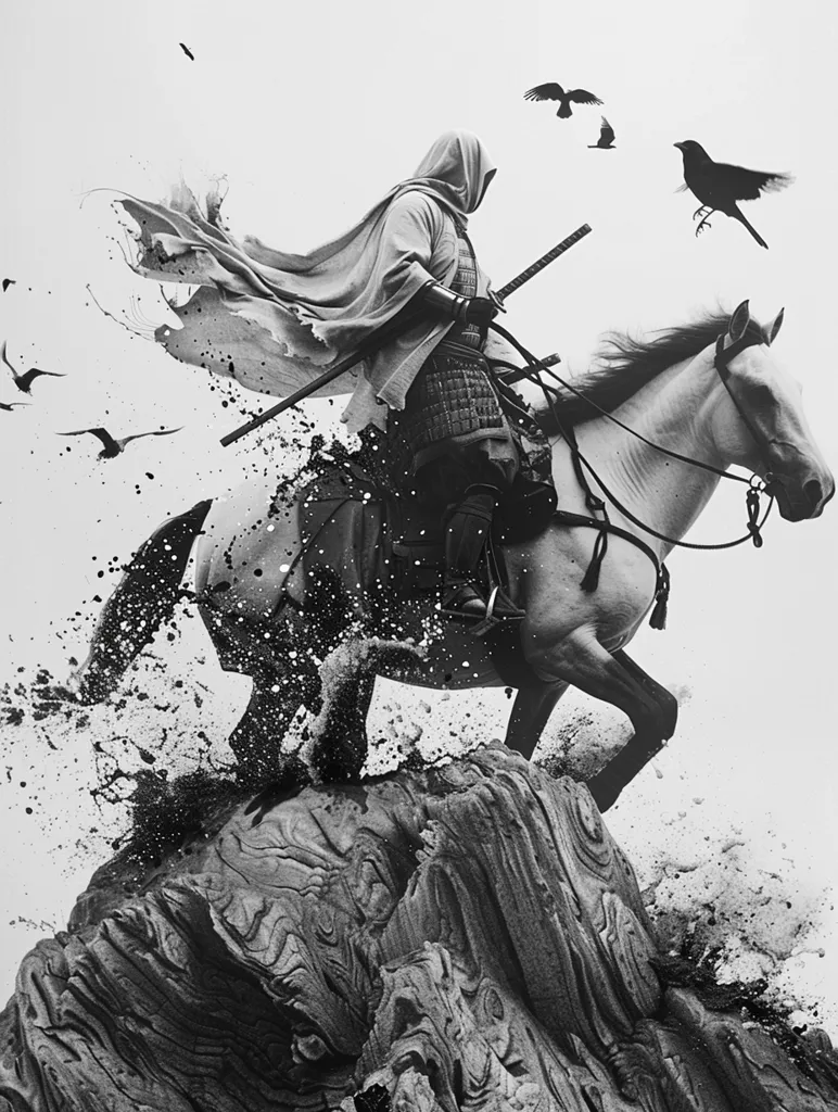 A cloaked figure, possibly a samurai, rides a white horse over a rocky landscape. The image is in black and white, creating a dramatic and ethereal atmosphere. The figure's face is hidden by the hood, adding to the sense of mystery. Several crows are in flight around the figure, adding to the dark and ominous tone. The image evokes a sense of adventure and danger.