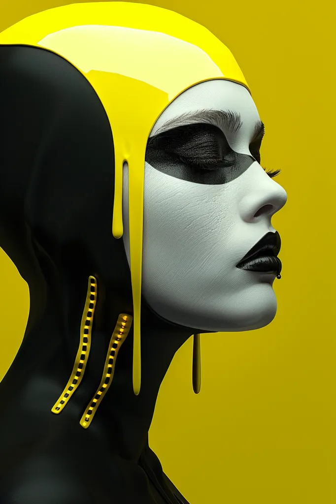 The image portrays a woman with a striking black and yellow color scheme. A glossy yellow helmet drips down the side of her face, creating a bold contrast against her white skin and black eye makeup. The woman's lips are painted a deep black, and she wears a black outfit that complements the dramatic colors of her headwear. The vibrant yellow background further emphasizes the contrasting colors, creating a striking and eye-catching visual. The overall aesthetic evokes a sense of futuristic glamour and artistic expression.
