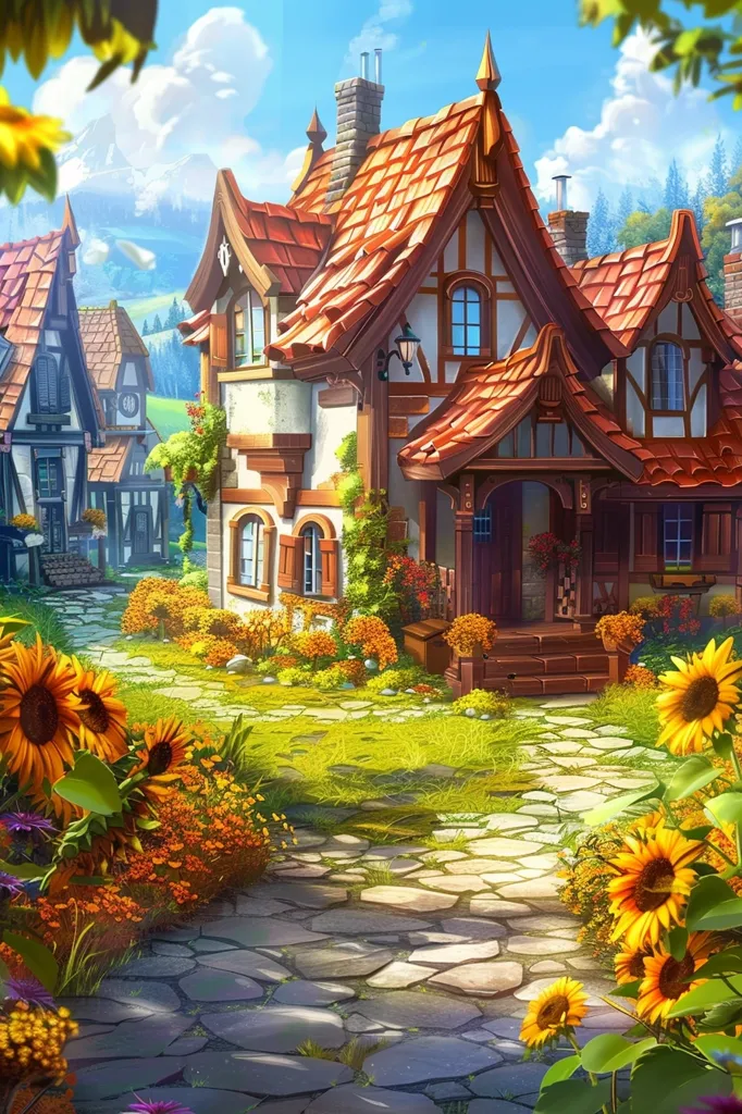 A charming, storybook-style cottage with a red-tiled roof sits on a cobblestone path in a quaint village. The building features a wooden porch, windows with shutters, and a large, welcoming front door. Lush green grass, blooming flowers, and towering sunflowers border the path, creating a vibrant and picturesque scene. The cottage is surrounded by other houses, hinting at a bustling village life. The backdrop includes distant hills and a clear blue sky, adding a sense of peace and tranquility to the setting.
