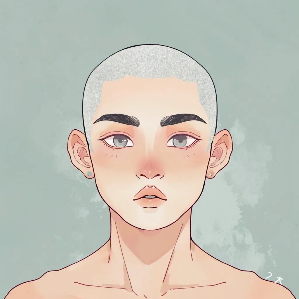 The illustration depicts a close-up portrait of a person with a shaved head. They have a neutral expression, with their eyes looking directly at the viewer. Their skin is pale, with subtle blush on their cheeks. They are wearing small earrings in both ears. The background is a soft, pale blue, adding a sense of calmness to the image.