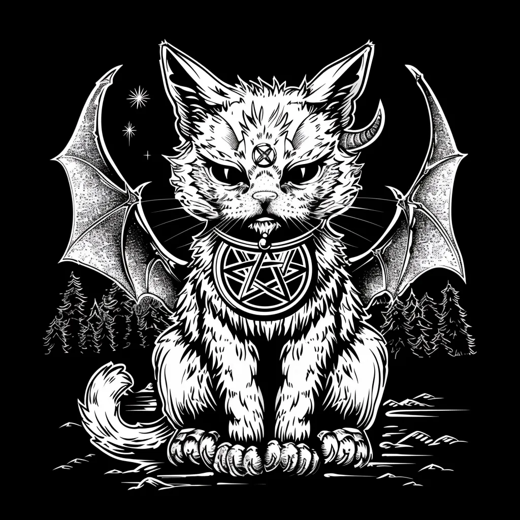A black and white illustration of a cat with devil wings. The cat has a pentagram around its neck and a third eye on its forehead. The cat is sitting in a dark, foreboding forest setting. The image evokes a sense of mystery and intrigue.