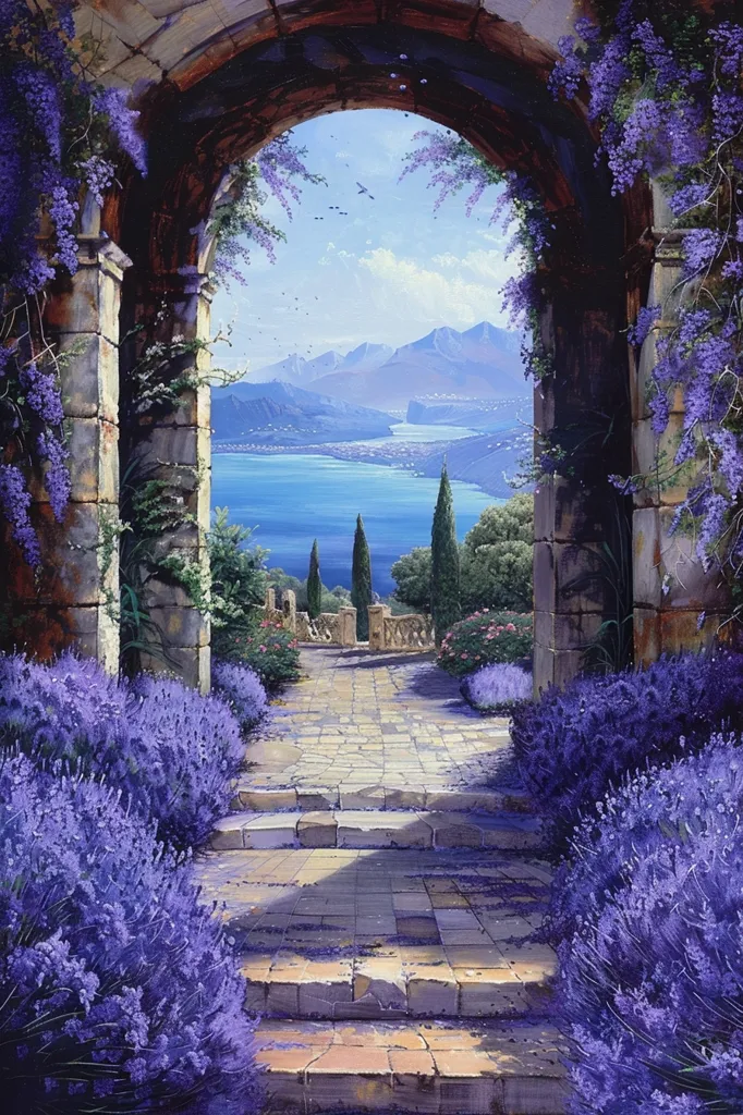 A stone archway, adorned with purple flowers, frames a picturesque view of a distant lake and mountains. The pathway leading to the archway is lined with lavender bushes, their fragrant blooms adding a touch of color to the scene. The soft, blue sky and the serene water create a sense of tranquility and peace. The stone steps and the surrounding greenery invite one to explore further.