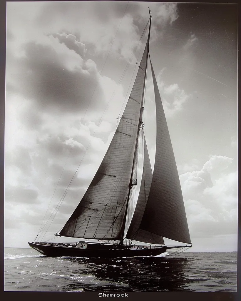 A black and white photograph of the Shamrock sailing ship. The ship is sailing on the ocean with its sails billowing in the wind. The sky is cloudy and the water is choppy. The ship's hull is sleek and elegant and the sails are full and round.  The image is taken from a distance, showing the ship in its entirety. The photographer has captured the majesty and power of the Shamrock.  The image is timeless and classic, and it evokes a sense of adventure and wonder.