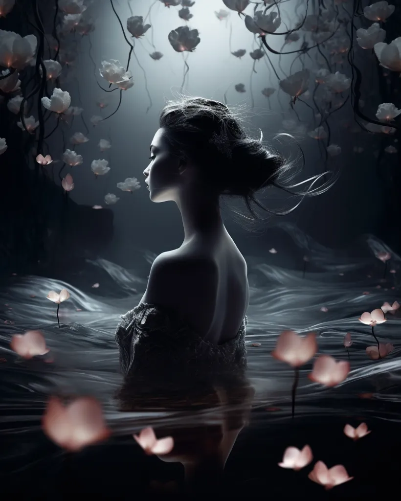 A woman with long dark hair and a white dress sits in a dark, mystical forest. Her back is to the viewer. She sits in a pool of water, with many white flowers surrounding her. The flowers are lit by a light source above. The atmosphere is serene and enchanting.
