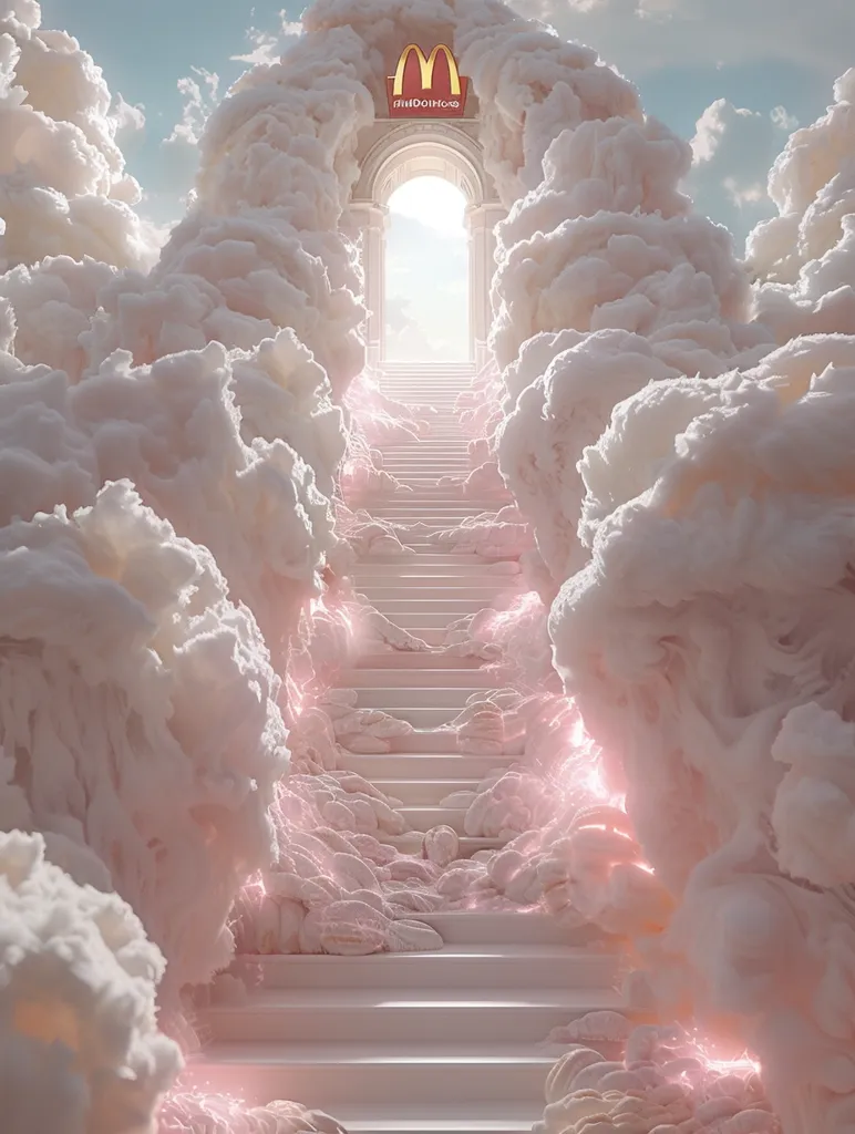A surreal and dreamy scene with a white staircase leading upwards through a cloud-like portal. The clouds are fluffy and soft, creating a sense of ethereal beauty. Above the portal, a golden McDonald's logo sits atop a white archway, adding a touch of irony and whimsy to the image. The overall effect is one of wonder and playful surrealism.