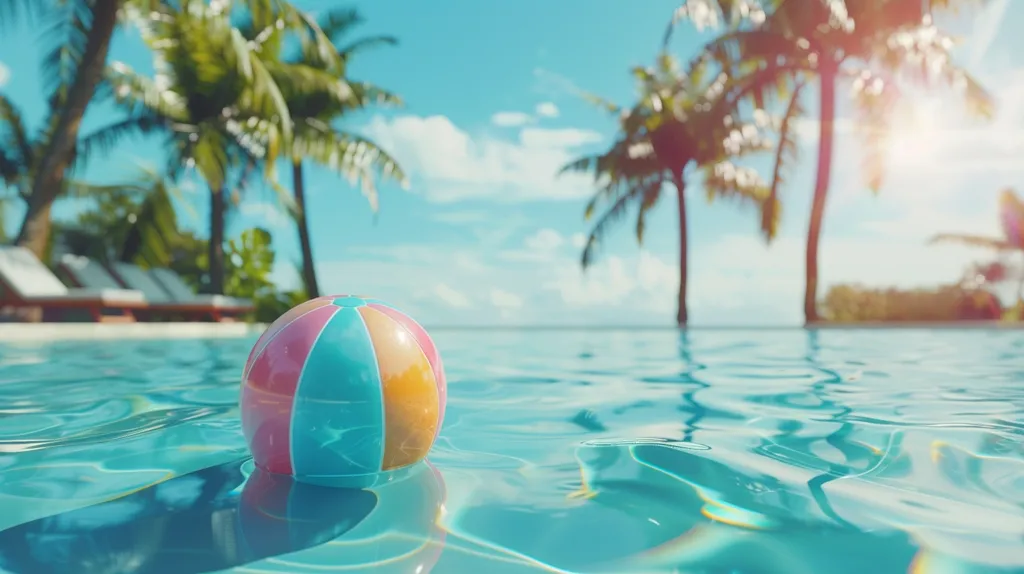 A colorful beach ball floats in a crystal clear pool. The water is sparkling blue and the background is blurred, with lush green palm trees swaying gently in the sunshine.  It's a perfect summer scene, inviting relaxation and fun.