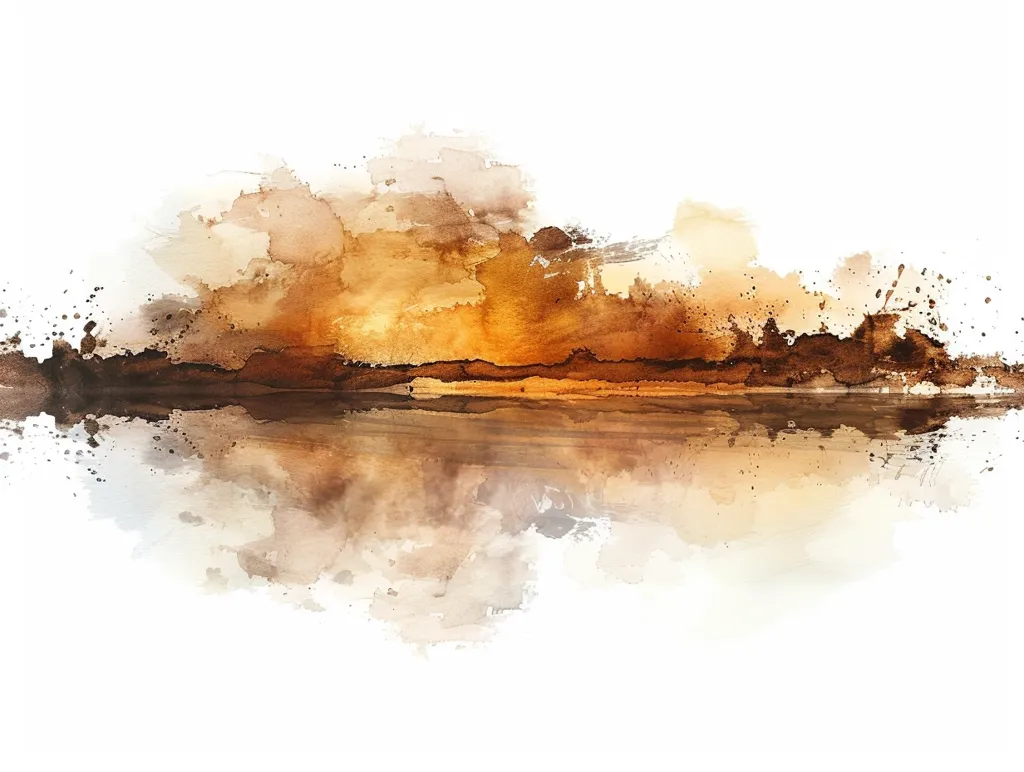 The image is a watercolor painting of a landscape. The sky is a blend of light and dark browns, suggesting a sunset or sunrise. A thin line of dark brown represents the horizon, with a reflection in the water below. The overall effect is one of calm and tranquility, with a touch of mystery. The painting is loosely rendered, with splashes of color adding texture and depth. The background is a stark white, emphasizing the vibrant hues of the artwork.