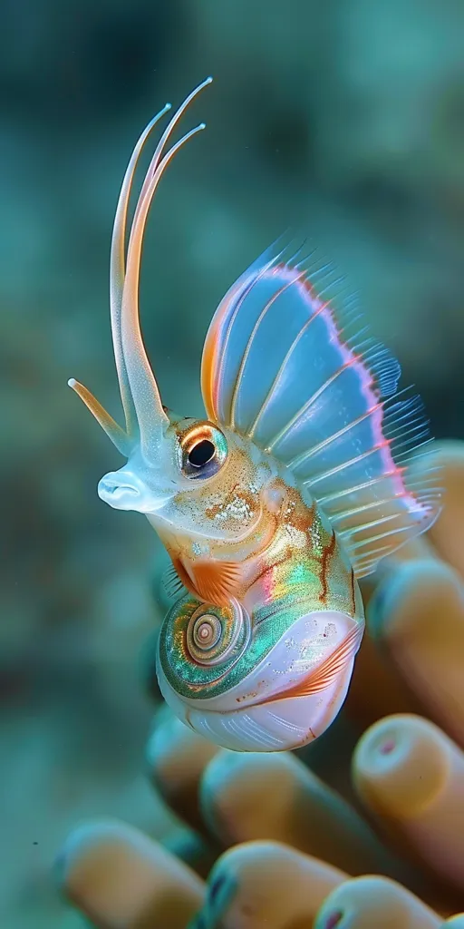 A vibrant, translucent fish with a blue and pink fin, swirls of orange and green, and long, thin antennae, is perched on a coral reef, its body curled in a shell-like shape. The fish's large, black eye peeks out from its colorful form, creating a striking contrast against the soft, pale hues of the coral. The image captures the intricate beauty and delicate nature of underwater life.
