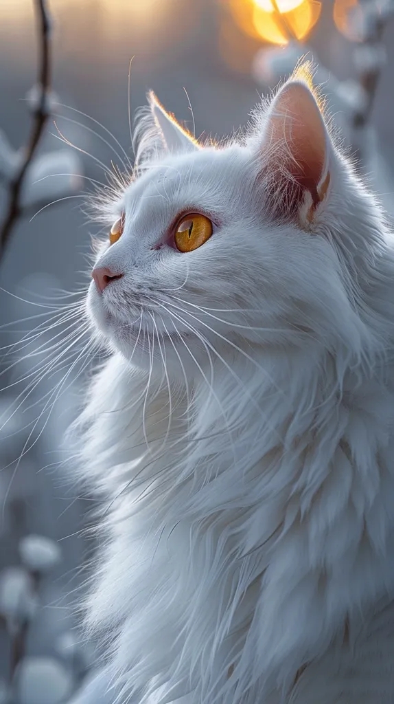 A white cat with striking yellow eyes gazes intently upwards. Its long, fluffy fur is illuminated by the warm glow of the setting sun. The cat's whiskers are prominent, adding to its elegant and majestic appearance.  The background is blurred, focusing attention on the cat's captivating gaze.  The image captures a moment of quiet contemplation, hinting at a gentle soul.