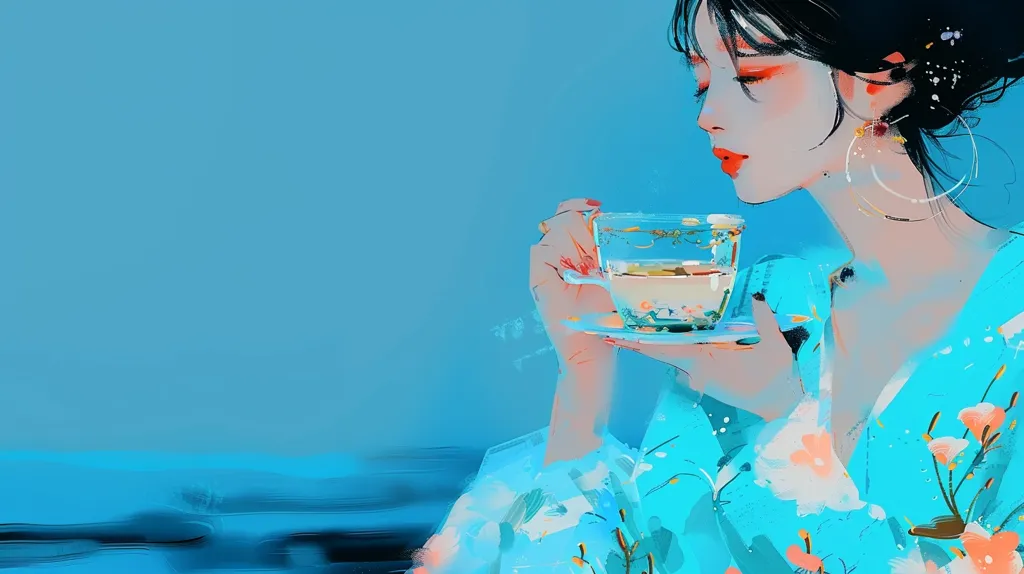 A young woman with dark hair and red lips holds a teacup in her right hand, her left hand rests on the saucer. She is wearing a light blue robe with floral patterns and large gold earrings. The background is a soft blue with an abstract brushstroke effect. The image has a peaceful and serene atmosphere.