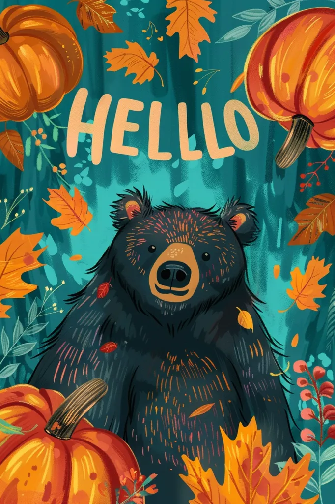 The image features a black bear standing in the middle of a colorful autumnal scene. The bear has a friendly expression and is surrounded by orange pumpkins and falling leaves. The word "HELLO" is written in a large, playful font above the bear. The background is a vibrant teal color, adding to the festive and welcoming atmosphere of the image.