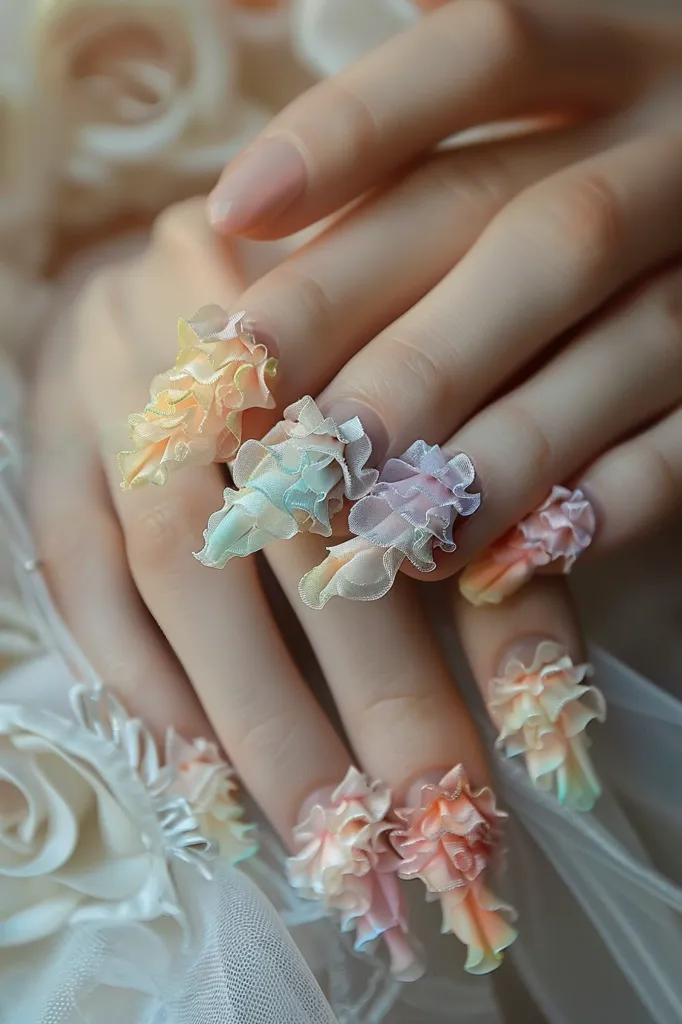 A hand with delicate, pale skin is adorned with intricate nail art. Each nail is meticulously decorated with small, layered, pastel-colored fabric flowers, creating a whimsical and feminine look. The flowers are arranged in a way that resembles blooming petals, adding a touch of artistry and beauty to the hand.  The light and airy fabric used in the designs complements the soft, natural tones of the skin.  The image captures a delicate and elegant aesthetic, showcasing the creativity and skill of the nail artist.