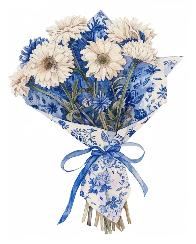 A bouquet of white daisies and blue flowers is wrapped in blue and white patterned paper with a blue ribbon tied around it. The bouquet is arranged in a classic style with the flowers facing outwards. The white background highlights the colors of the flowers and wrapping paper.  The overall image is a delicate and charming illustration.