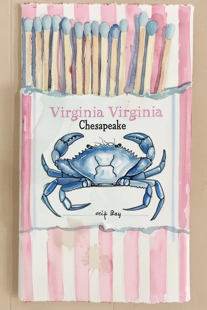 The image is a watercolor painting of a matchbox. The top of the box is filled with matches, some with blue heads and some with red heads. The label of the box says "Virginia Virginia Chesapeake OeiK Bay" and features a blue crab in the center. The bottom of the box has pink and white stripes.