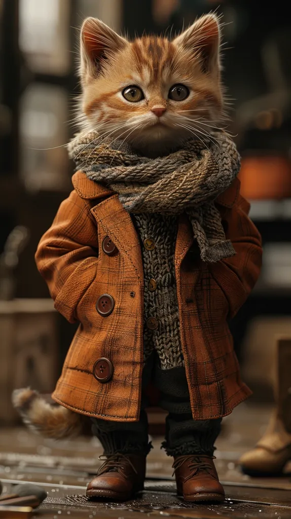 A cute ginger cat is dressed in a brown plaid coat, a knitted scarf, and brown boots. The cat has a serious expression and looks like it is ready for a walk in the fall weather. The image is taken from a low angle, emphasizing the cat's height and its outfit. The background is out of focus, giving the cat the focus of the image.
