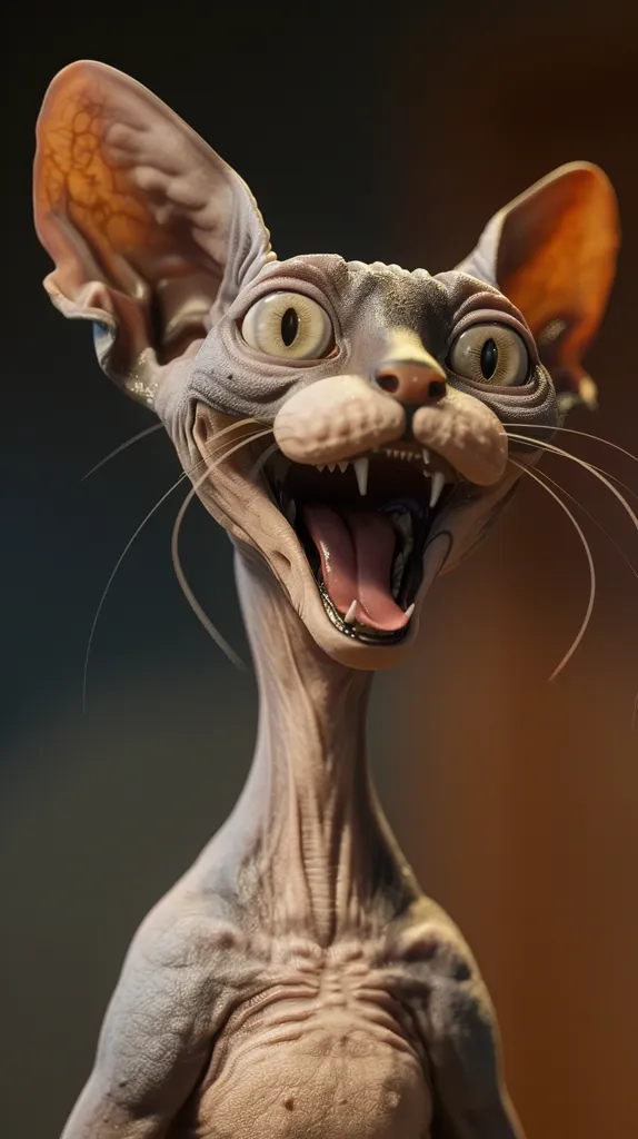 A hairless cat with large, expressive eyes and a wide open mouth, revealing its teeth and tongue, stares directly at the viewer with a humorous, almost manic expression. Its long, wrinkled neck and thin body create a comical and endearing contrast to its exaggerated facial features.  The cat's gaze is both playful and slightly unsettling, inviting the viewer to wonder what it's thinking.