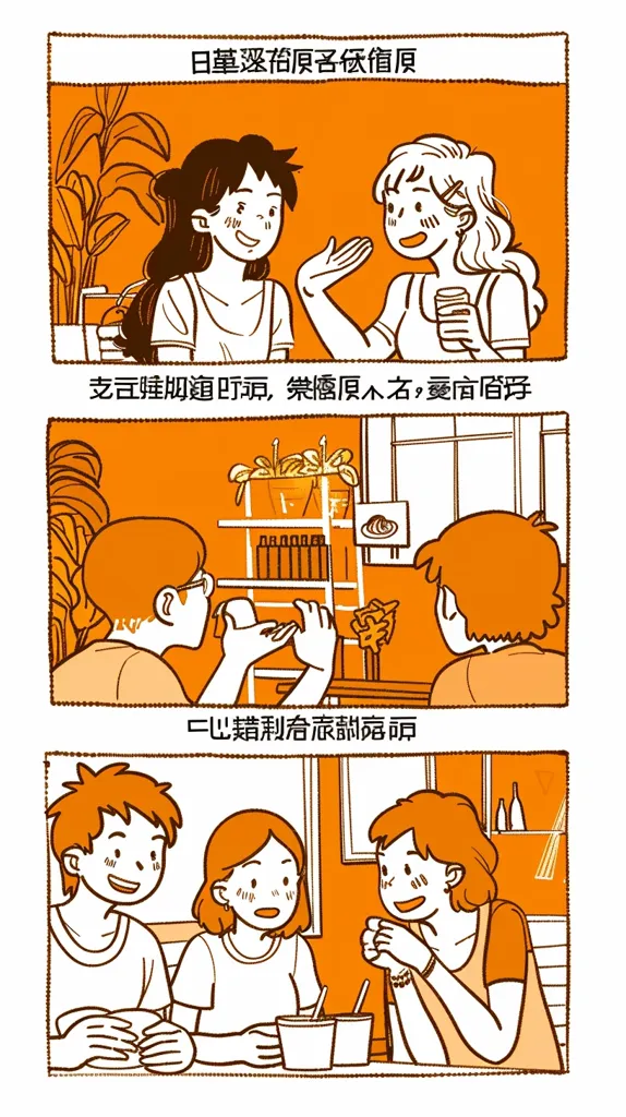 The image is a comic strip with three panels. In the first panel, two women are talking in a shop with plants. In the second panel, a man is looking at something on a shelf in a shop. In the third panel, three people are eating in a shop. The comic strip is about a group of friends going out to eat and shop.  The text in the images is in Chinese.