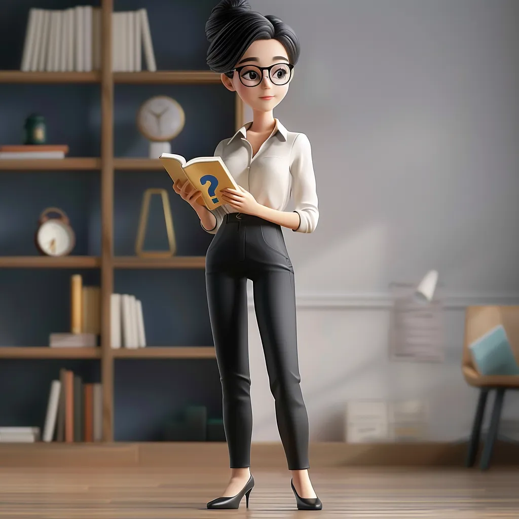 A cartoon woman with black hair, glasses, and a white shirt stands in front of a bookshelf. She is holding a book with a question mark on the cover. The woman is looking at the book and has a curious expression on her face. She is wearing black pants and black high heels. The background is a room with a light grey wall and a wooden floor.