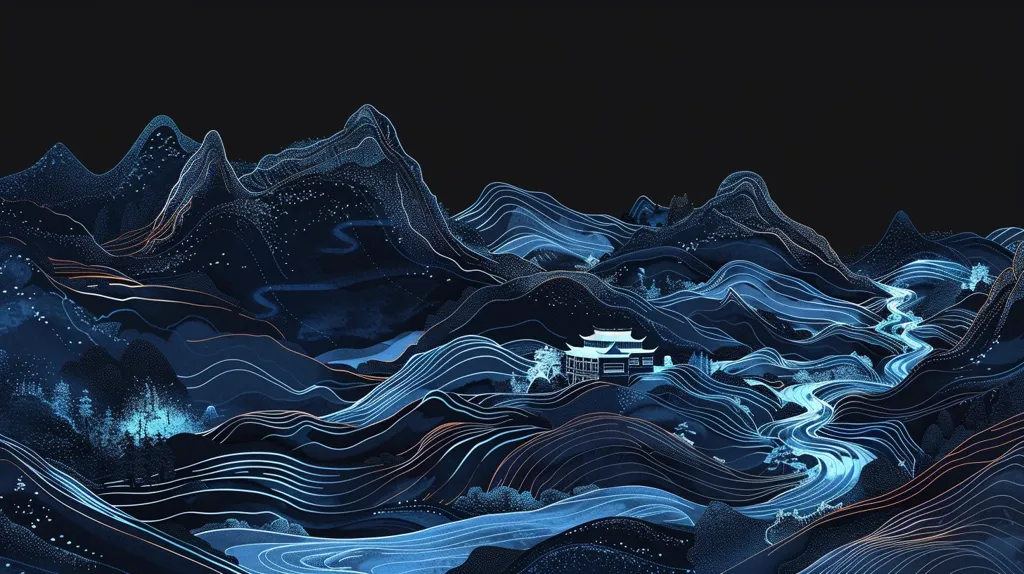 A digital illustration depicting a serene landscape with rolling hills, a winding river, and a small house nestled in the valley. The image is rendered in shades of blue, with delicate lines and dots, creating a sense of depth and texture. The overall mood is tranquil and ethereal.