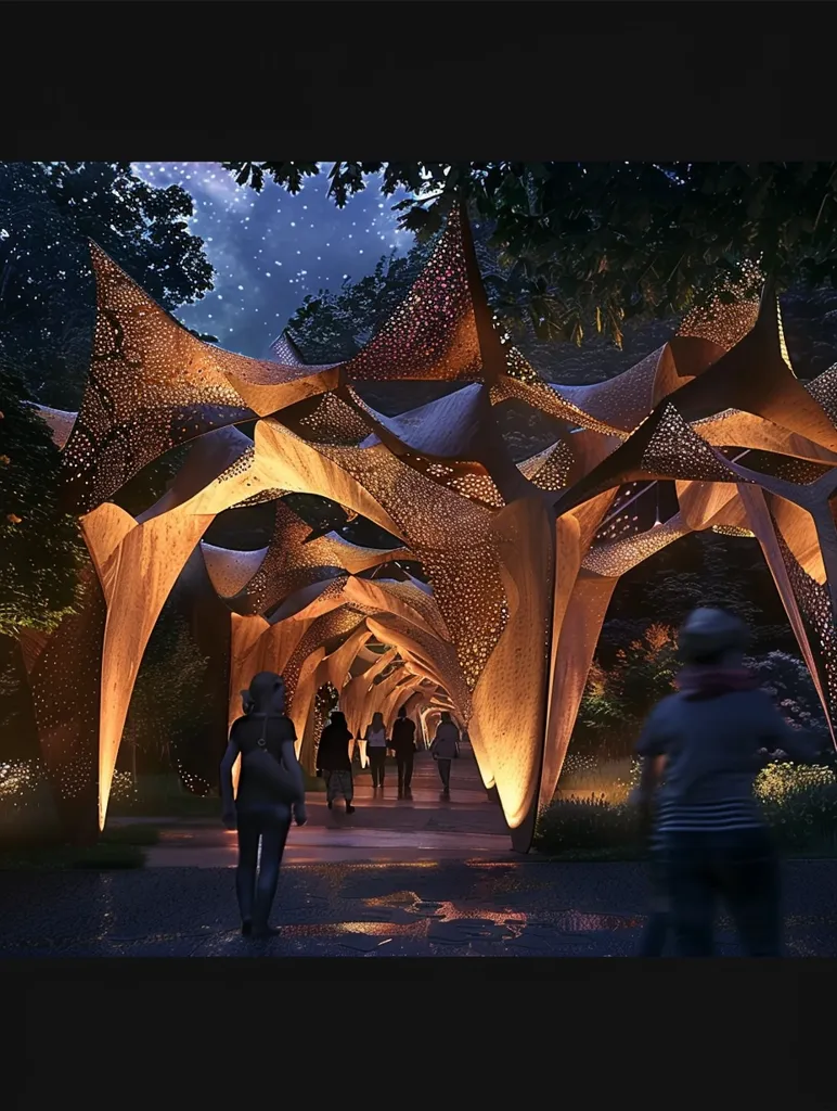 A walkway lined with an intricate, illuminated metal structure resembling a forest canopy, stretches into the distance.  The structure is made of interconnected, angular pieces, each with a delicate pattern of holes that allows light to shine through, creating a mesmerizing play of shadows and light.  The walkway is lined with trees and bushes, and a few people can be seen walking through the structure, their silhouettes barely visible against the bright lights. The night sky above is dotted with stars.  The scene is both magical and modern, suggesting a place of wonder and beauty.