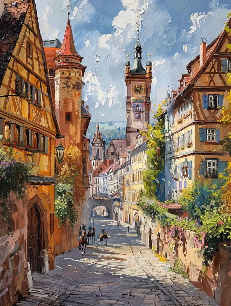 The painting depicts a picturesque cobblestone street in a European town. Tall, colorful buildings line both sides of the street, their facades adorned with intricate details. A majestic clock tower stands at the end of the street, its spire reaching for the clear blue sky. Lush greenery and blooming flowers add vibrancy to the scene, creating a sense of tranquility and charm. The warm sunlight bathes the street in a golden glow, casting long shadows and highlighting the architectural beauty of the town.