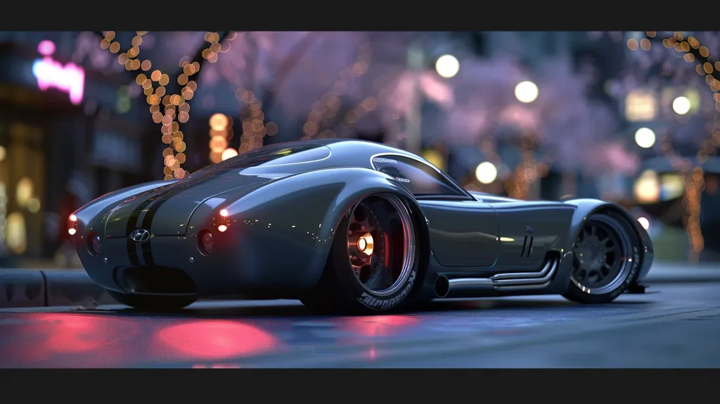 A sleek, dark grey sports car is parked on a city street. The car has a long hood, a low profile, and large wheels. It is illuminated by street lights, creating a glowing effect on the car's body. The background is blurred and features a row of trees and lights. The overall mood is stylish and luxurious.