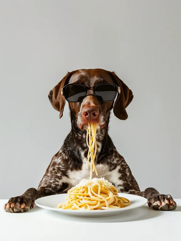 A dog wearing sunglasses sits at a white table, eating a plate of spaghetti. The spaghetti is covered in grated cheese, and some strands are hanging from the dog's mouth. The dog's expression is serious, as if it is enjoying its meal. The background is a simple gray wall.