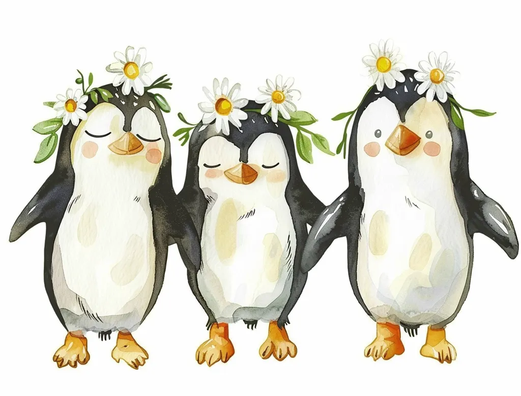 Three penguins are standing in a row. They are wearing daisy flower crowns and looking at the viewer. Their bodies are painted in a watercolor style. The penguins appear to be friends, as they are standing close together and smiling. The background is white.