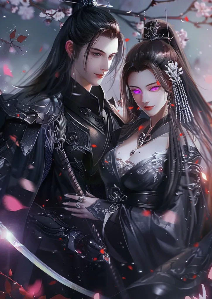 A man and a woman, both dressed in black and intricate, stand close together. The man is holding a sword, while the woman has a delicate, ornate hairpiece. The man looks at the woman with a gentle expression, while she looks slightly away, her eyes glowing with an ethereal purple light. Pink petals fall around them, creating a romantic atmosphere. The image is rendered in a highly detailed, anime style.