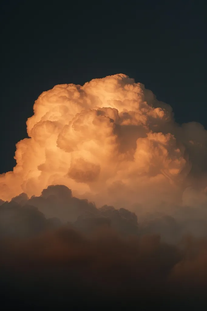 A large, fluffy cloud dominates the sky, lit from behind by the setting sun. The cloud is a blend of white and orange, with wispy tendrils of fog reaching out from its base. The surrounding sky is a deep, almost black blue, creating a dramatic contrast with the bright cloud.  The image evokes a sense of peace and tranquility, with the cloud appearing soft and ethereal.